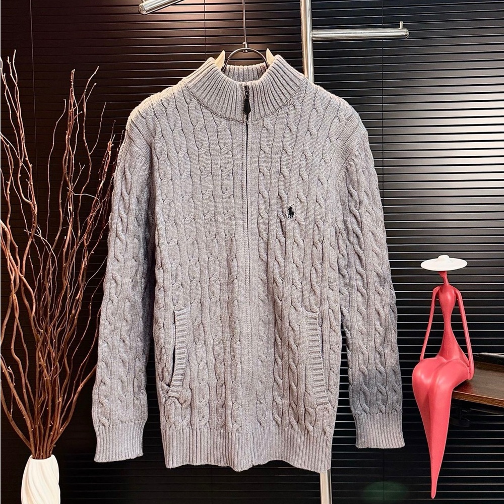 Polo by Ralph Lauren Light Gray Cable-Knit Full Zip Sweater